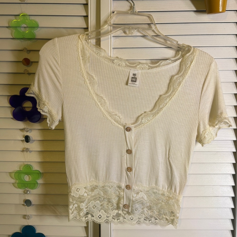 White Button Up Lace-Lined Cropped T-Shirt